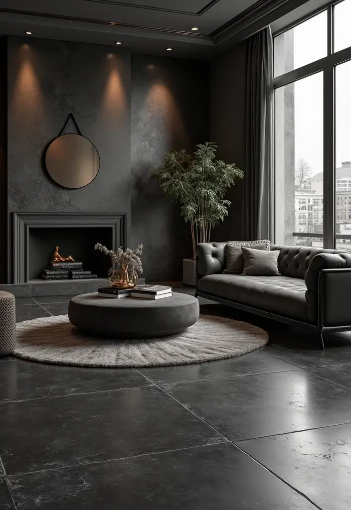 29 Living Room Tiles Design Ideas That Add Texture and Style - 16. Contemporary Black Tiles for Edgy Sophistication
