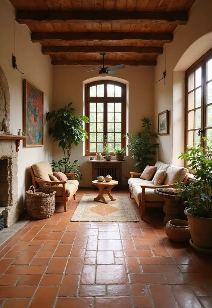 29 Living Room Tiles Design Ideas That Add Texture and Style - 2. Rustic Terracotta for an Earthy Feel