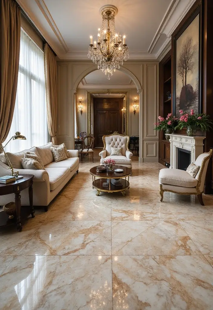 29 Living Room Tiles Design Ideas That Add Texture and Style - 23. Luxury Marble Tiles for Opulent Style