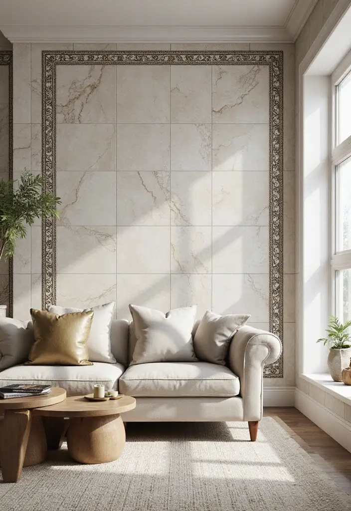 29 Living Room Tiles Design Ideas That Add Texture and Style - 24. Creative Tile Borders for Additional Interest