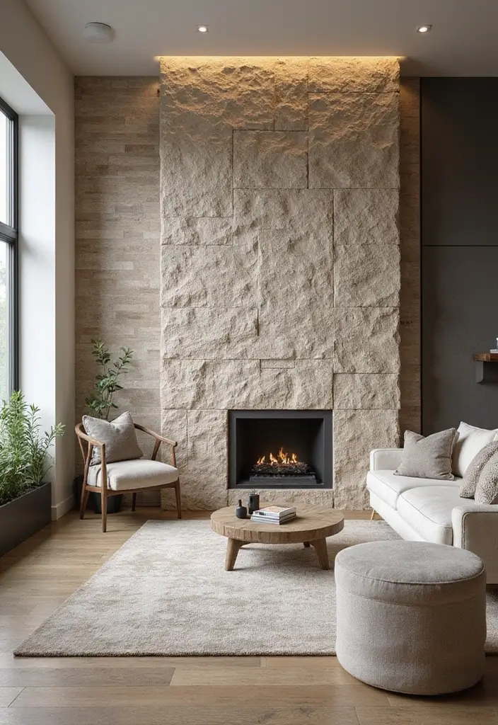 29 Living Room Tiles Design Ideas That Add Texture and Style - 4. Textured Stone for a Natural Vibe
