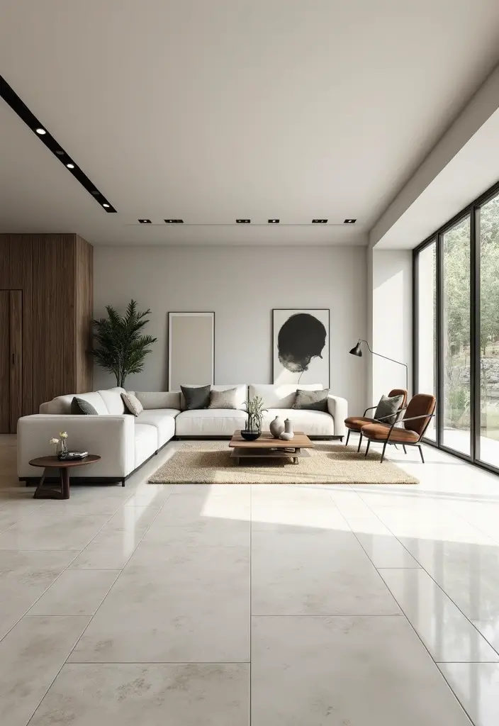 29 Living Room Tiles Design Ideas That Add Texture and Style - 6. Large Format Tiles for a Seamless Look