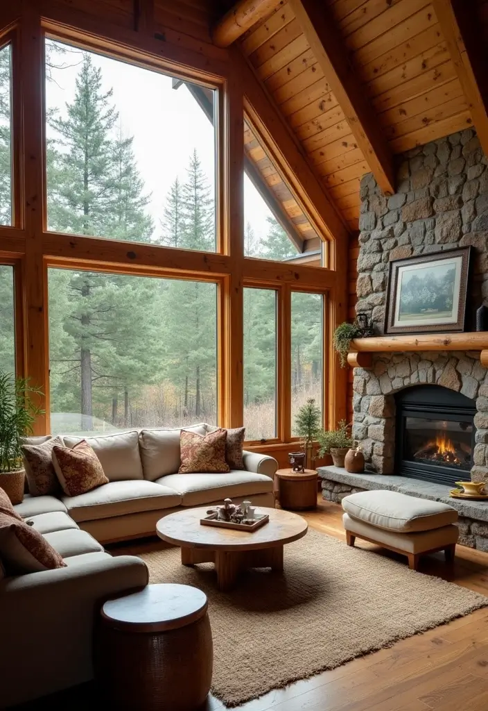 29 Log Cabin Living Room Ideas That Feel Rustic and Cozy - 10. Large Windows for Natural Light