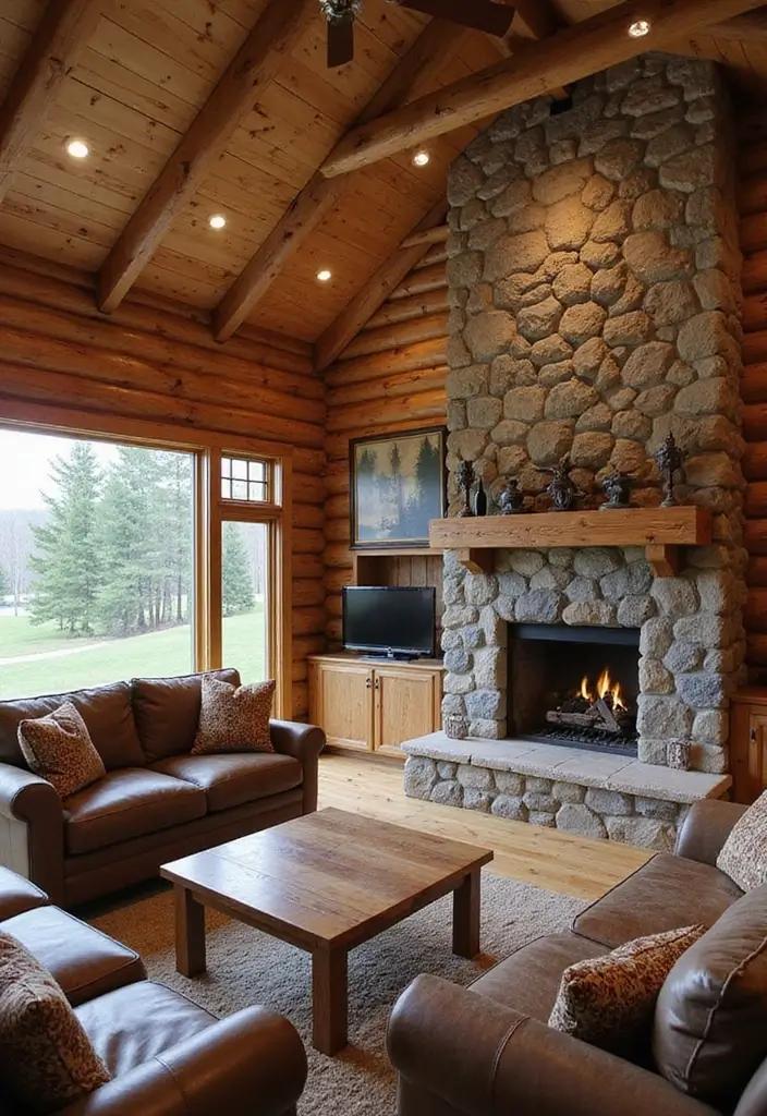 29 Log Cabin Living Room Ideas That Feel Rustic and Cozy - 11. Natural Stone Accents