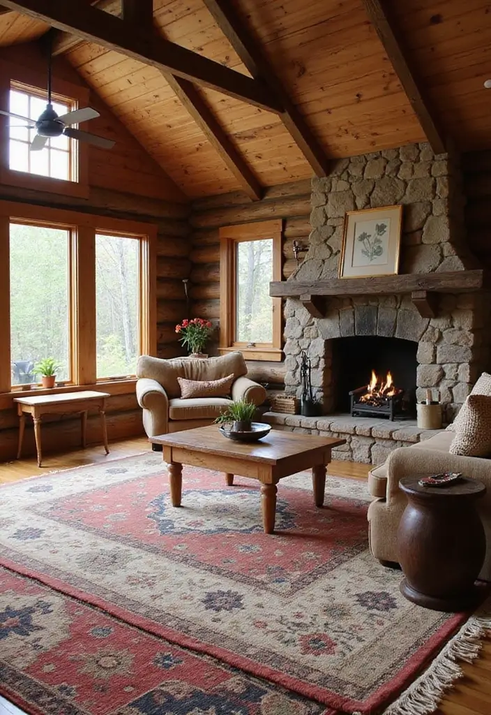 29 Log Cabin Living Room Ideas That Feel Rustic and Cozy - 12. Layered Rugs