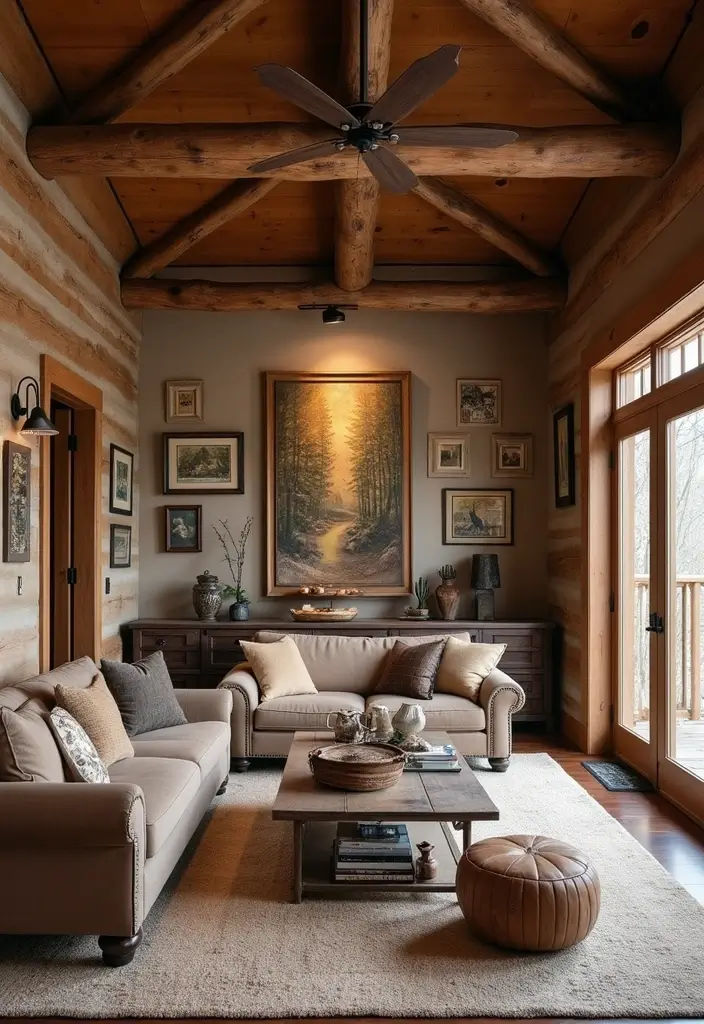 29 Log Cabin Living Room Ideas That Feel Rustic and Cozy - 13. Artistic Wall Décor
