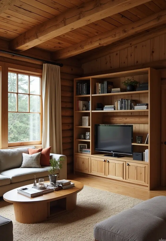 29 Log Cabin Living Room Ideas That Feel Rustic and Cozy - 14. Functional Storage Solutions