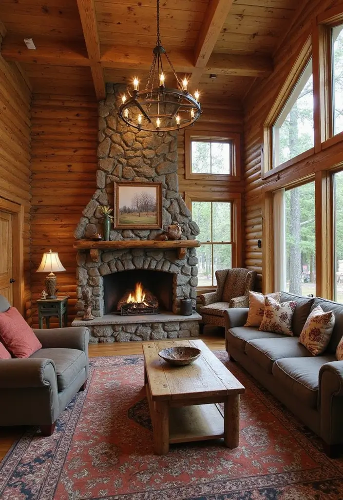 29 Log Cabin Living Room Ideas That Feel Rustic and Cozy - 15. Outdoor-Inspired Accessories