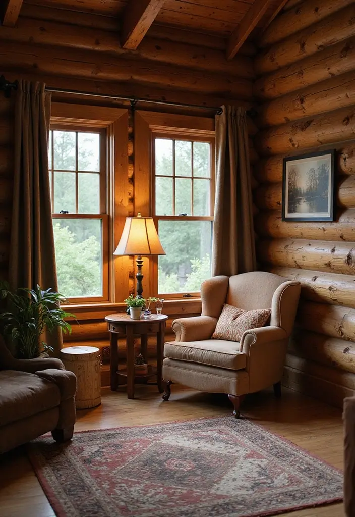 29 Log Cabin Living Room Ideas That Feel Rustic and Cozy - 18. Create Cozy Nooks