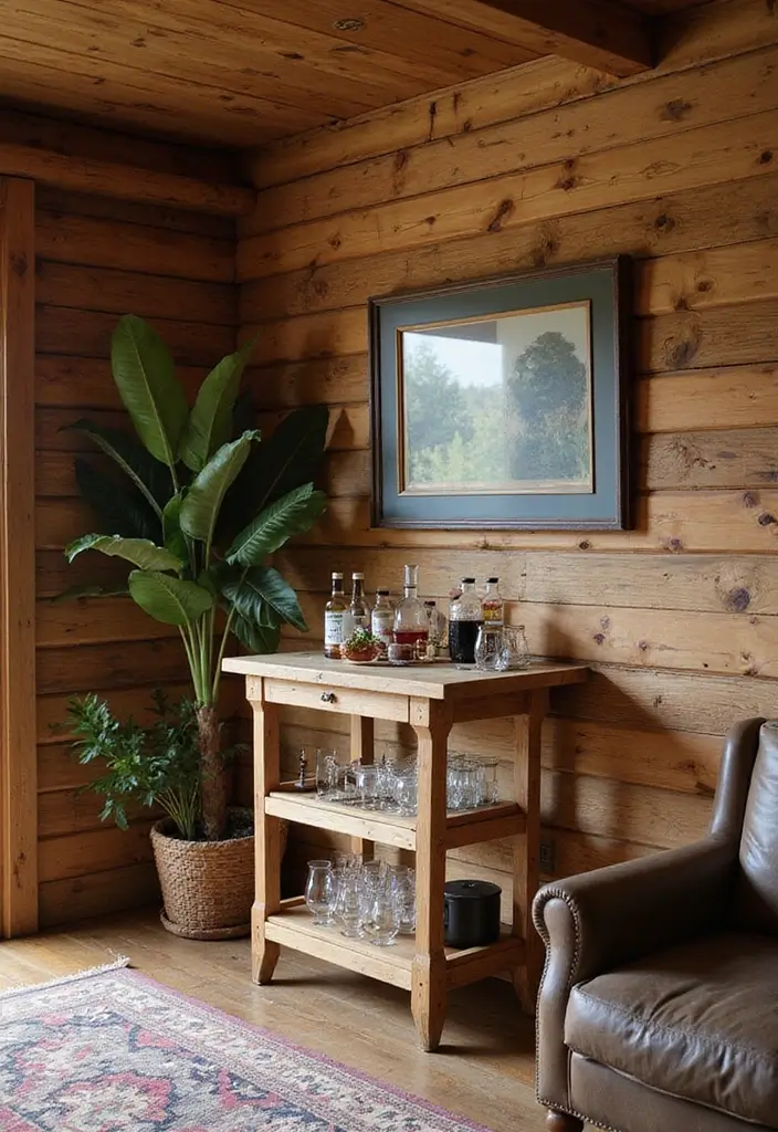 29 Log Cabin Living Room Ideas That Feel Rustic and Cozy - 21. Create a Bar Cart