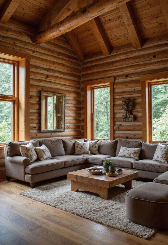 29 Log Cabin Living Room Ideas That Feel Rustic and Cozy - 22. Incorporating Mirrors