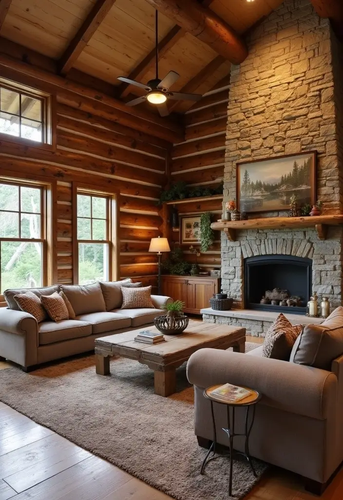 29 Log Cabin Living Room Ideas That Feel Rustic and Cozy - 25. Unique Wall Finishes