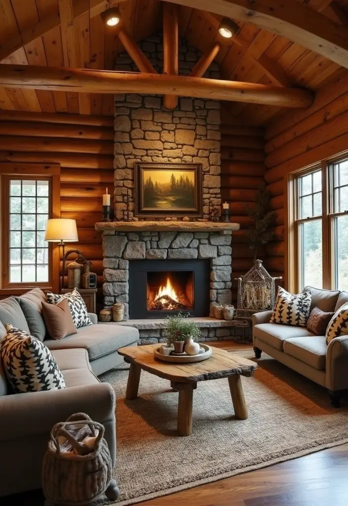 29 Log Cabin Living Room Ideas That Feel Rustic and Cozy - 26. Outdoor-Inspired Decor