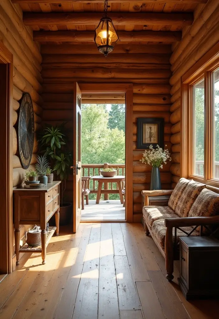 29 Log Cabin Living Room Ideas That Feel Rustic and Cozy - 27. Create an Inviting Entryway