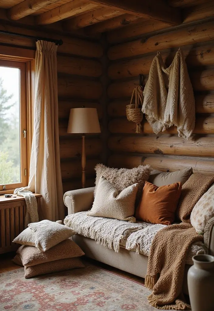 29 Log Cabin Living Room Ideas That Feel Rustic and Cozy - 3. Cozy Textiles and Layering