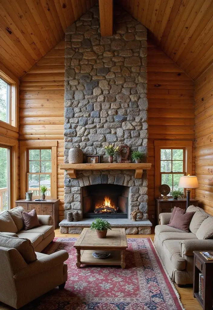 29 Log Cabin Living Room Ideas That Feel Rustic and Cozy - 4. Statement Fireplaces