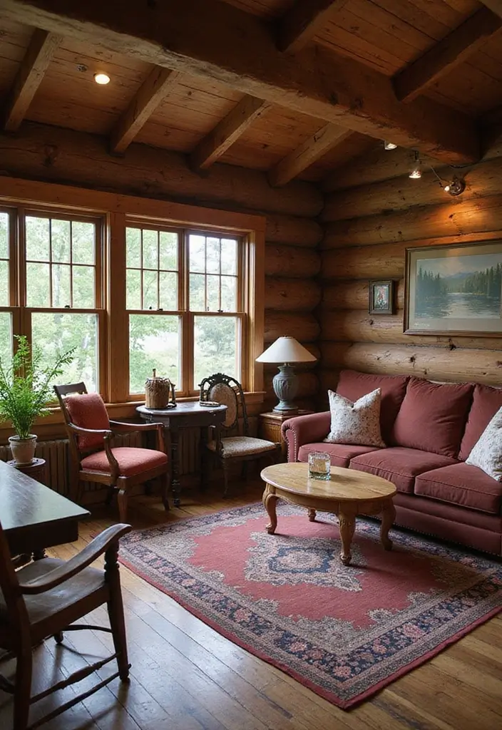 29 Log Cabin Living Room Ideas That Feel Rustic and Cozy - 6. Vintage or Antique Furniture