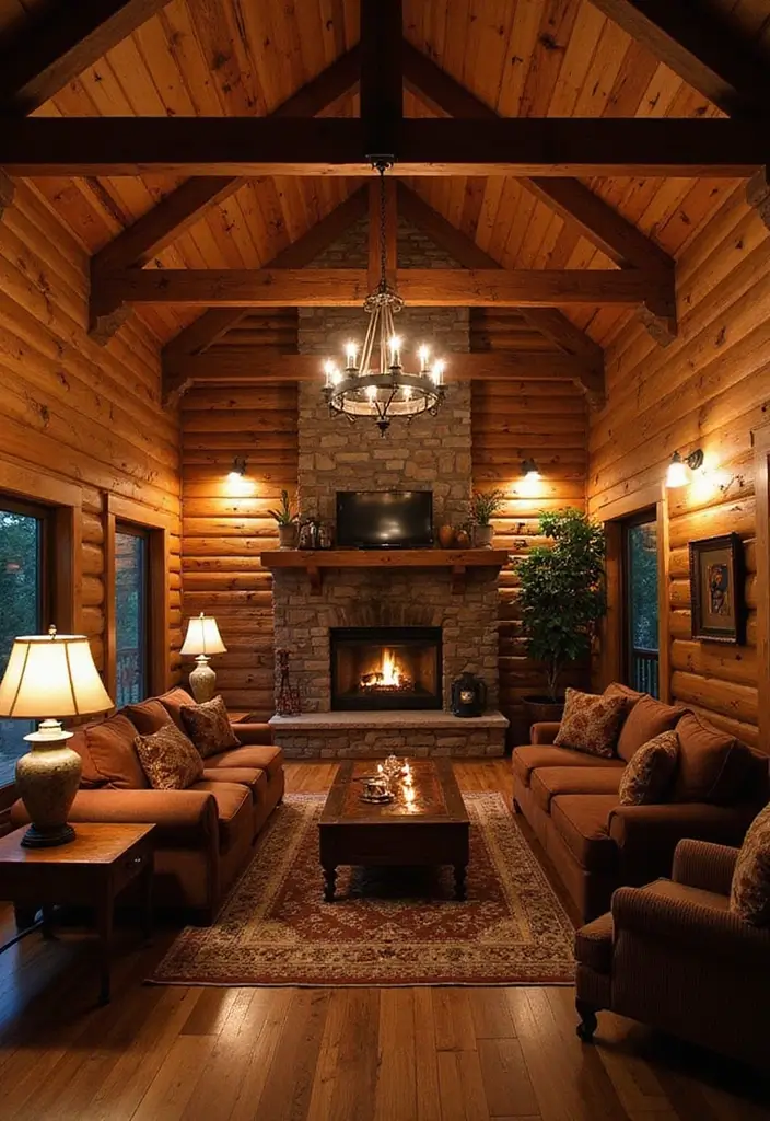 29 Log Cabin Living Room Ideas That Feel Rustic and Cozy - 7. Rustic Lighting Fixtures