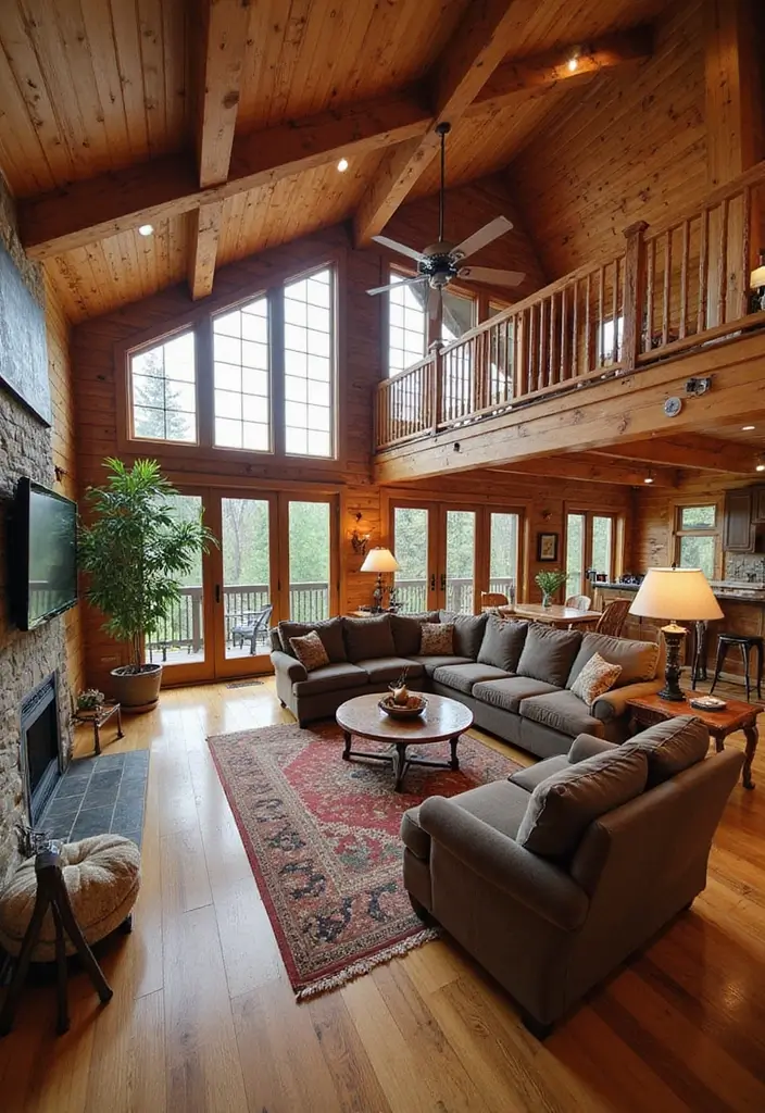 29 Log Cabin Living Room Ideas That Feel Rustic and Cozy - 8. Open Floor Plan