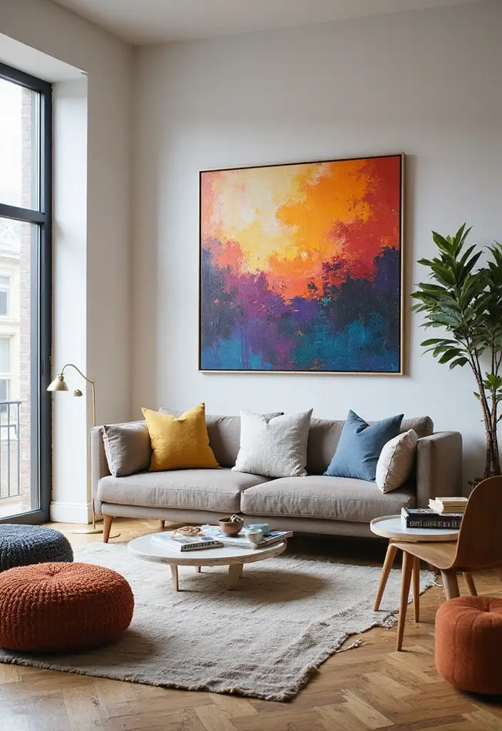 29 Painting for Living Room Walls Ideas That Add Color and Personality - 1. Abstract Expressionism for the Bold