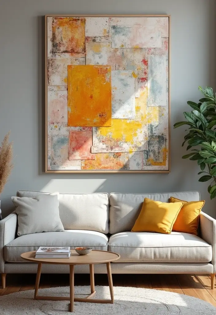 29 Painting for Living Room Walls Ideas That Add Color and Personality - 14. Mixed Media for Artistic Flair