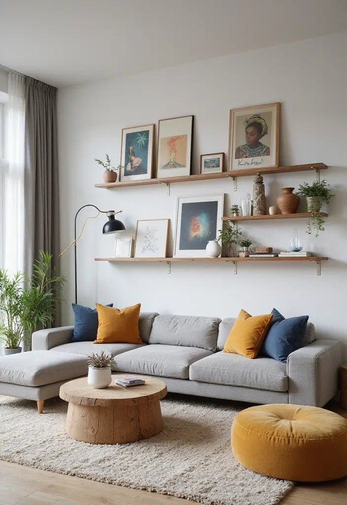 29 Painting for Living Room Walls Ideas That Add Color and Personality - 22. Floating Shelves with Art Displays