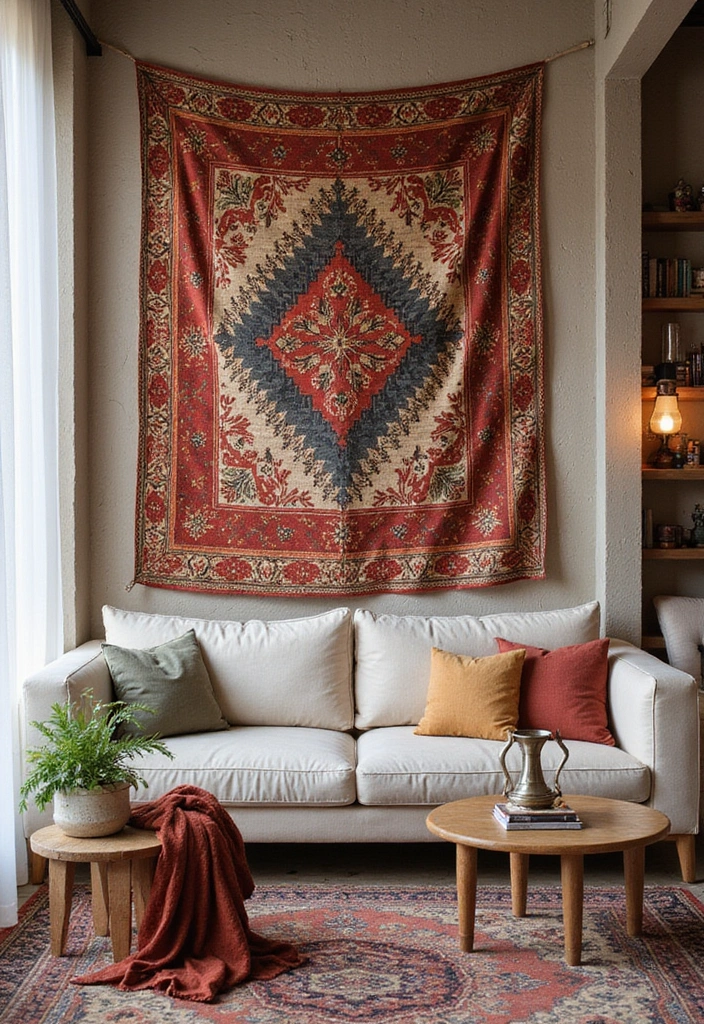 29 Painting for Living Room Walls Ideas That Add Color and Personality - 23. Infuse with Cultural Textiles