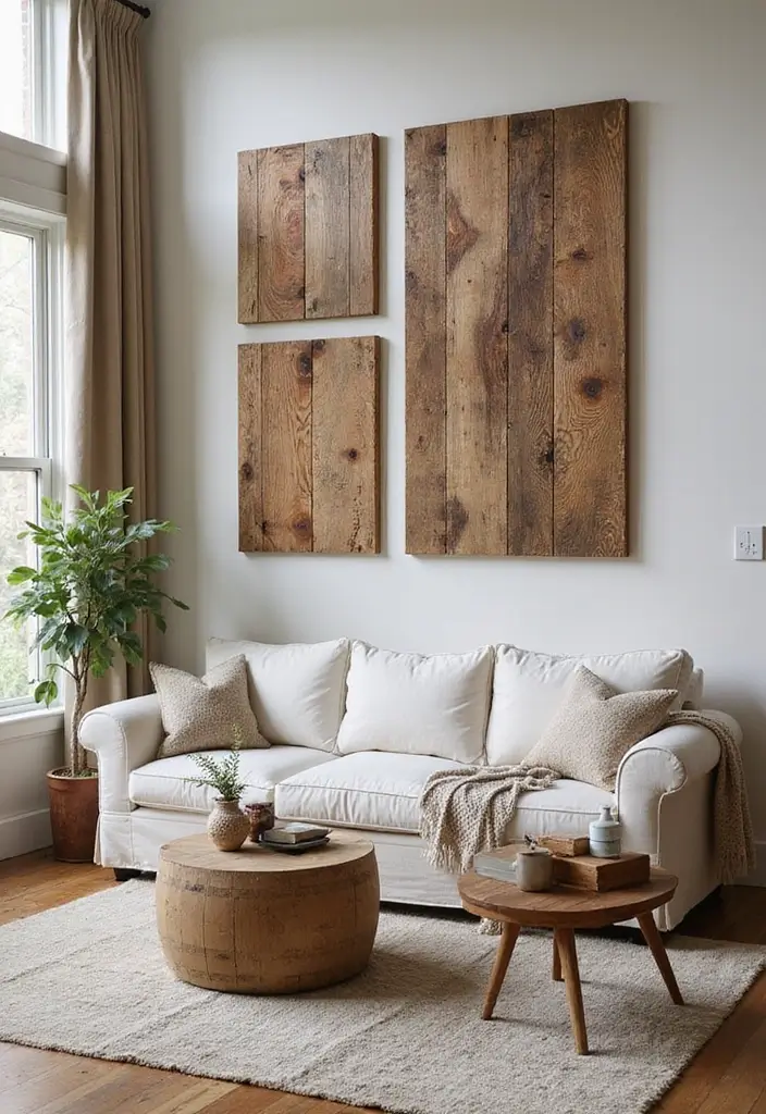 29 Painting for Living Room Walls Ideas That Add Color and Personality - 25. Reclaimed Wood Art for Rustic Charm