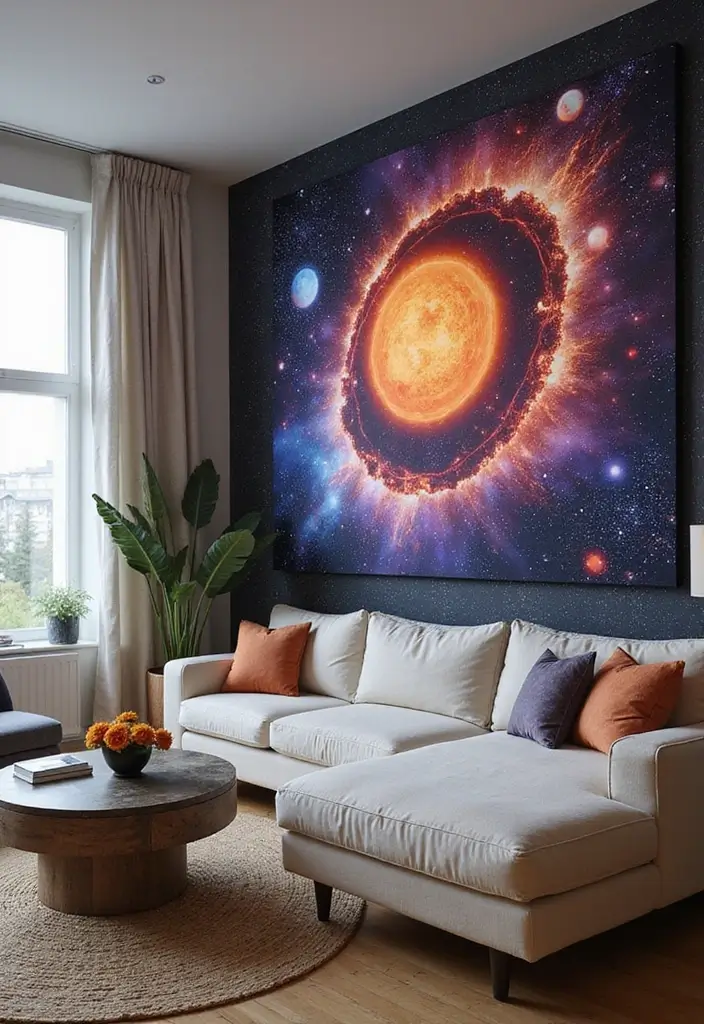 29 Painting for Living Room Walls Ideas That Add Color and Personality - 27. Solar System Art for Cosmic Inspiration