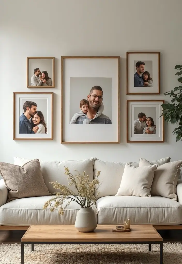 29 Painting for Living Room Walls Ideas That Add Color and Personality - 29. Family Portraits for Personal Touch