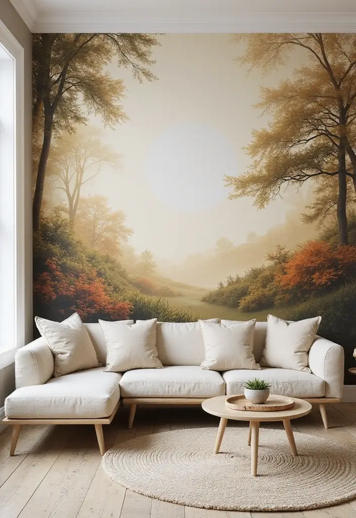 29 Painting for Living Room Walls Ideas That Add Color and Personality - 3. Nature-Inspired Murals for a Breath of Fresh Air