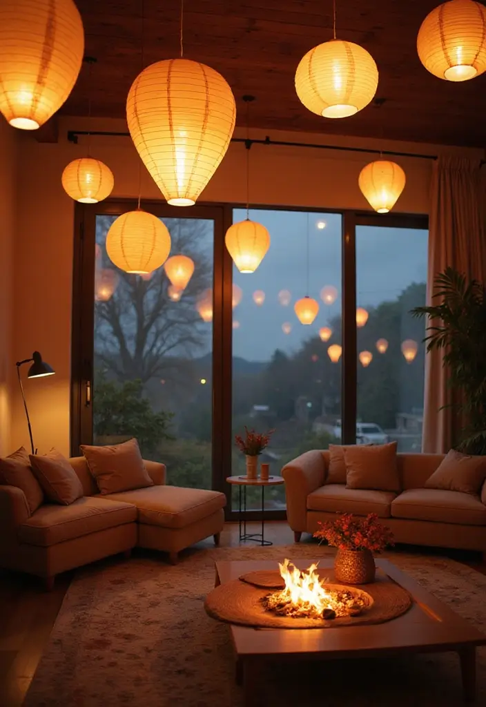 29 Paper Lantern Living Room Ideas That Feel Soft and Whimsical - 1. Festive Floating Lanterns