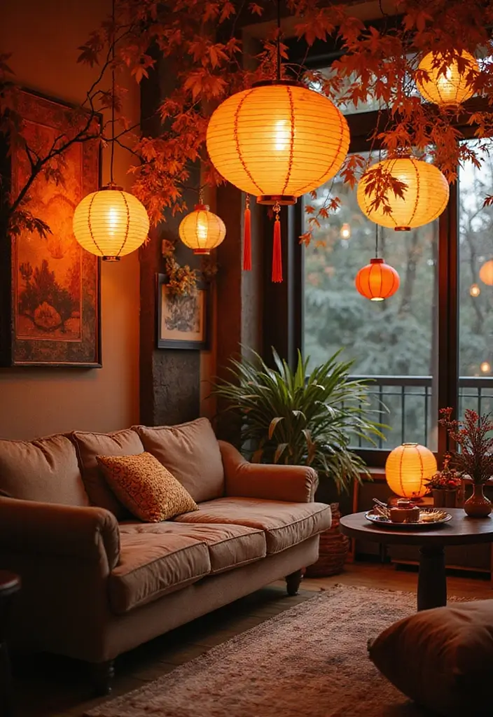 29 Paper Lantern Living Room Ideas That Feel Soft and Whimsical - 10. Seasonal Decor with Lanterns