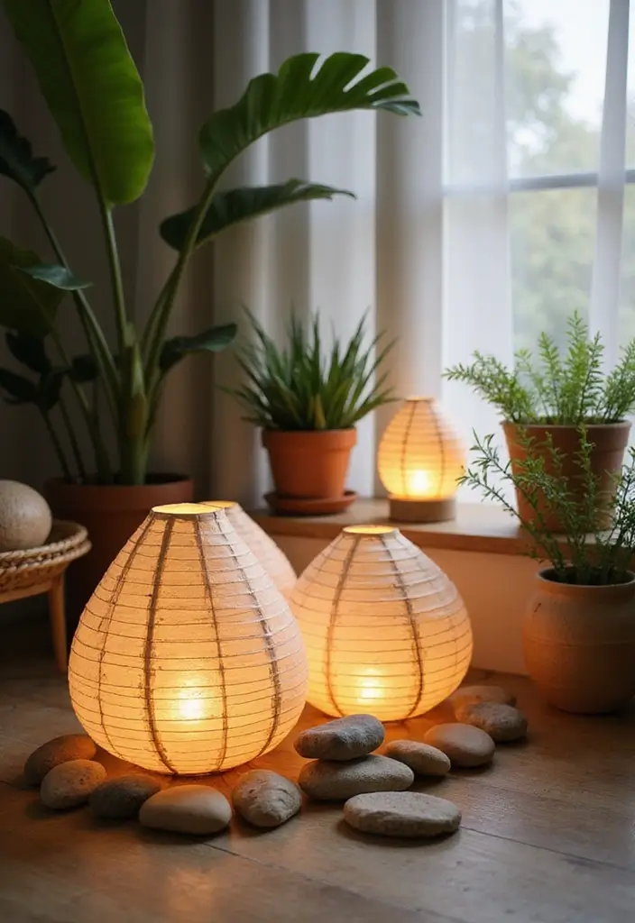 29 Paper Lantern Living Room Ideas That Feel Soft and Whimsical - 11. Lanterns with Natural Elements