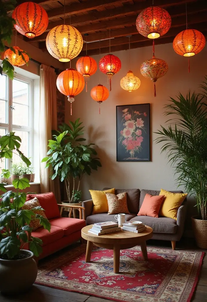 29 Paper Lantern Living Room Ideas That Feel Soft and Whimsical - 13. Lanterns with Motifs and Patterns