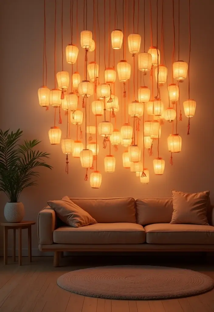 29 Paper Lantern Living Room Ideas That Feel Soft and Whimsical - 15. Interactive Lantern Wall Art
