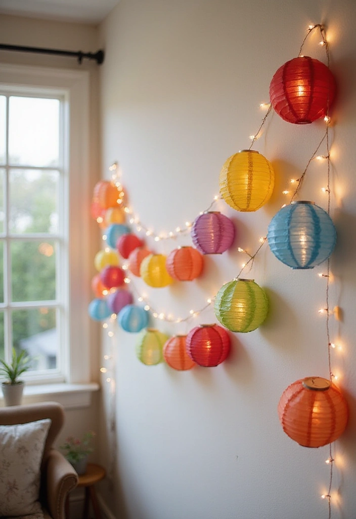 29 Paper Lantern Living Room Ideas That Feel Soft and Whimsical - 17. Whimsical Lantern Banners