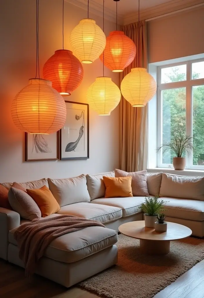 29 Paper Lantern Living Room Ideas That Feel Soft and Whimsical - 18. Grouping by Color
