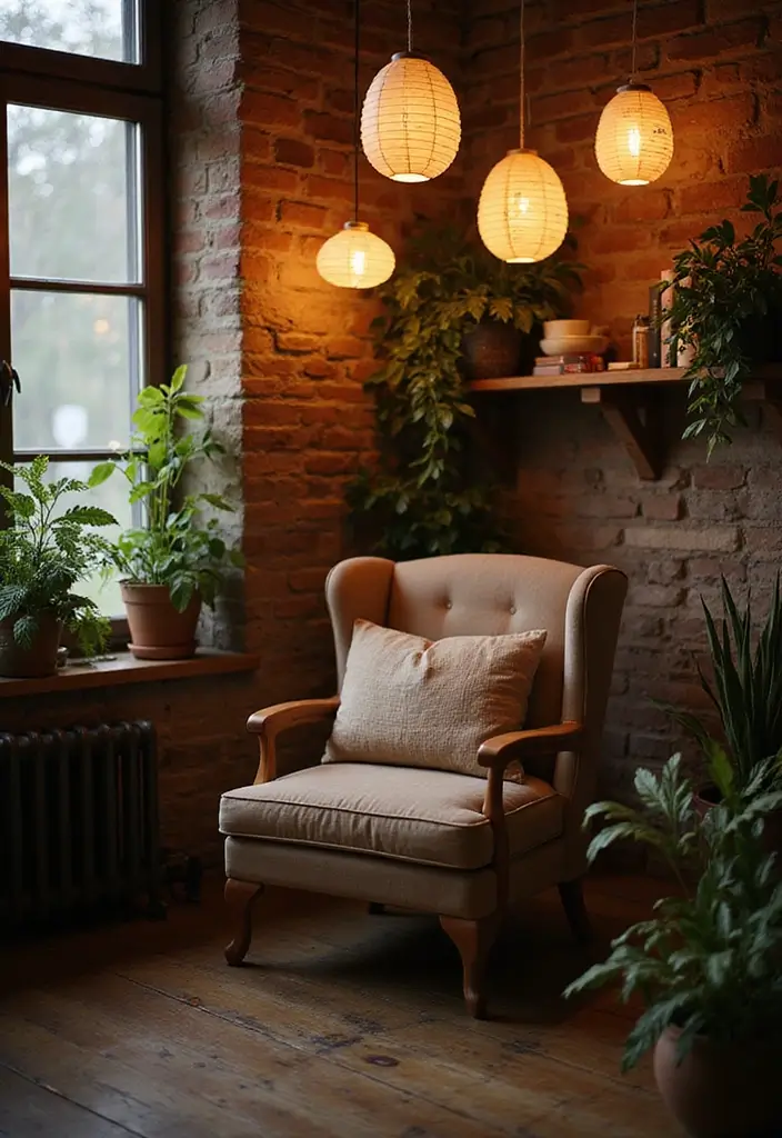 29 Paper Lantern Living Room Ideas That Feel Soft and Whimsical - 2. Lanterns Around a Cozy Nook