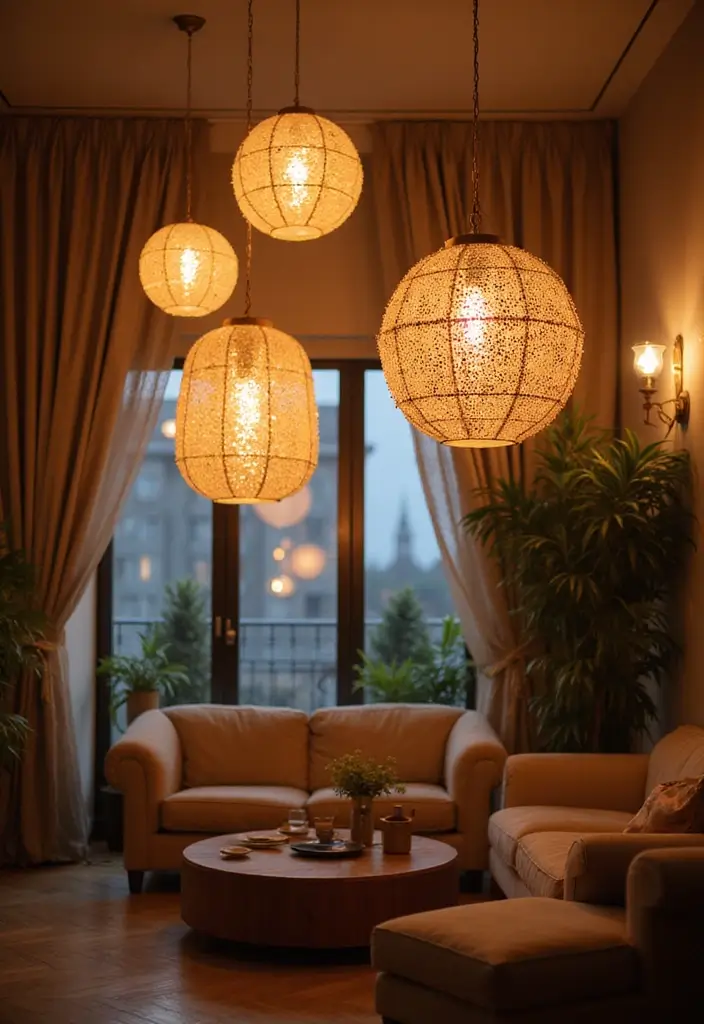 29 Paper Lantern Living Room Ideas That Feel Soft and Whimsical - 21. Lanterns with a Touch of Glam