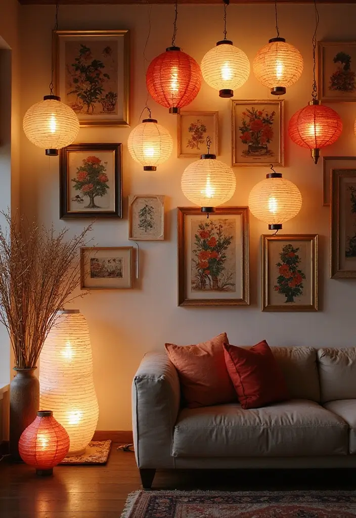 29 Paper Lantern Living Room Ideas That Feel Soft and Whimsical - 22. Lantern-Inspired Artwork