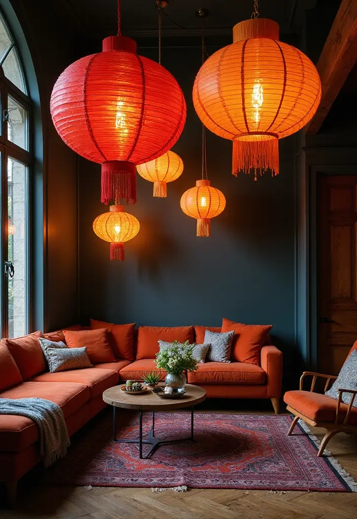 29 Paper Lantern Living Room Ideas That Feel Soft and Whimsical - 23. Lanterns with Contrast