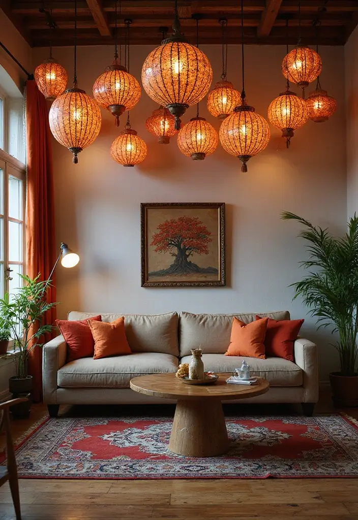 29 Paper Lantern Living Room Ideas That Feel Soft and Whimsical - 26. Lanterns with a Cultural Twist