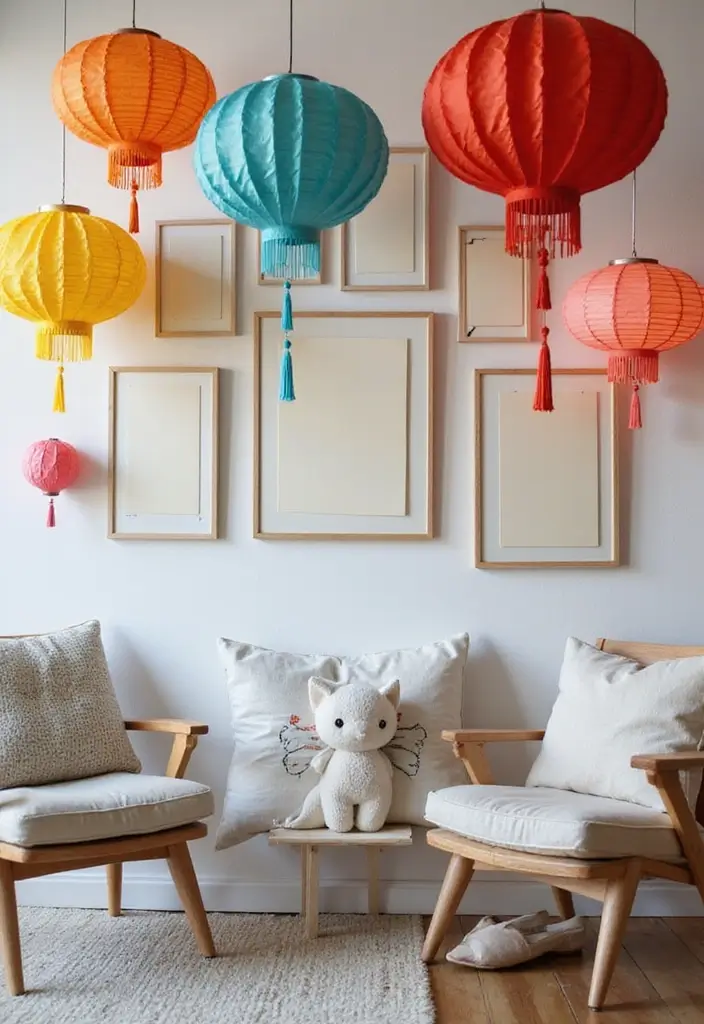 29 Paper Lantern Living Room Ideas That Feel Soft and Whimsical - 5. A Whimsical Gallery Wall