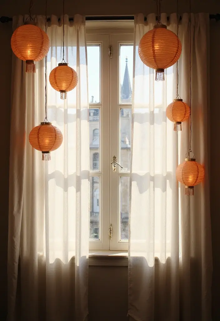 29 Paper Lantern Living Room Ideas That Feel Soft and Whimsical - 6. Lantern-Frame Windows