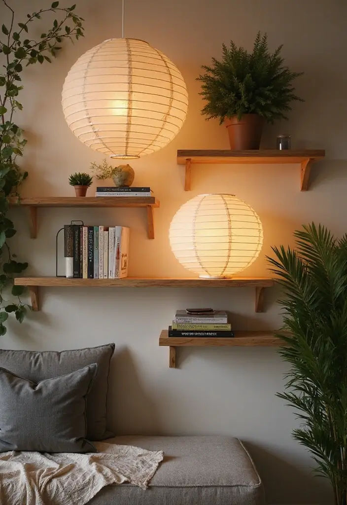29 Paper Lantern Living Room Ideas That Feel Soft and Whimsical - 7. Layered Lantern Accents