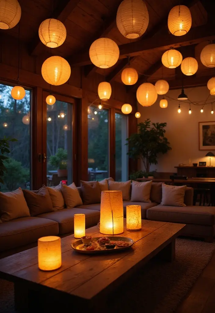 29 Paper Lantern Living Room Ideas That Feel Soft and Whimsical - 9. Soft Lighting for Evening Gatherings