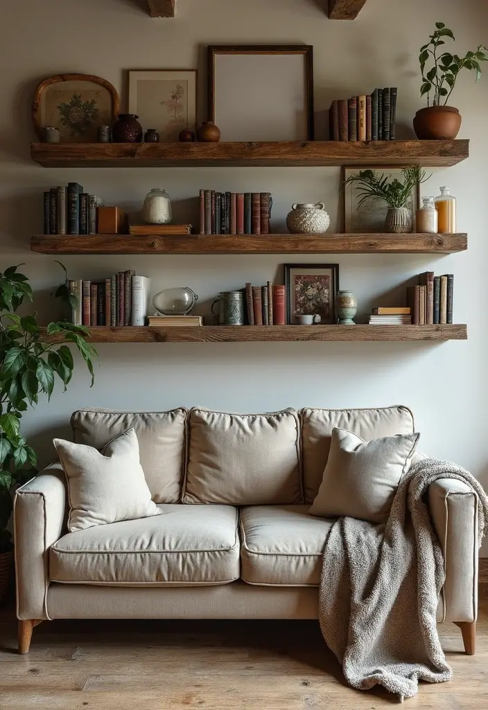 29 Rustic Green Living Room Ideas That Feel Natural and Warm - 12. Open Shelving