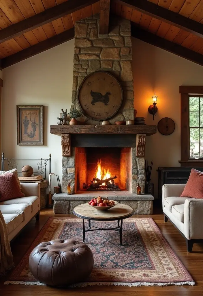 29 Rustic Green Living Room Ideas That Feel Natural and Warm - 13. Fireplace Focal Point