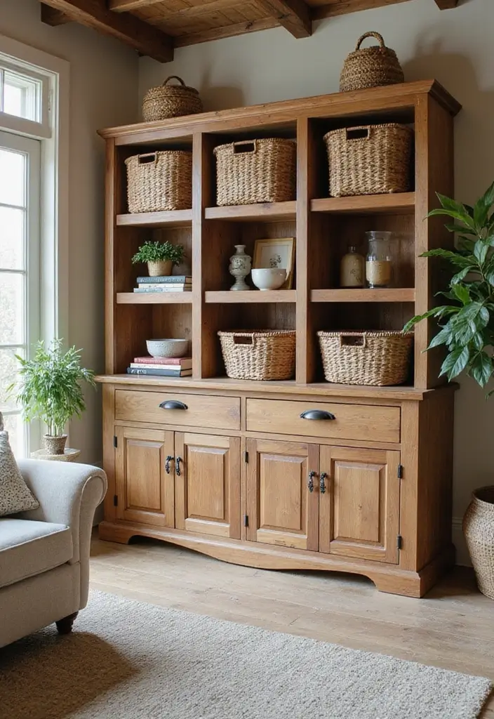 29 Rustic Green Living Room Ideas That Feel Natural and Warm - 15. Customized Storage Solutions